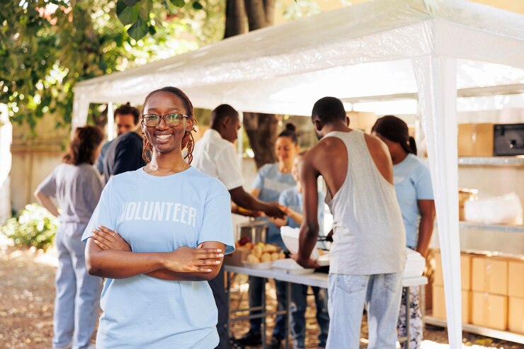 young-black-woman-with-glasses-stands-outdoors-arms-crossed-looking-camera-diverse-group-volunteers-supports-non-profit-program-dedicated-hunger-relief-helping-needy-individuals